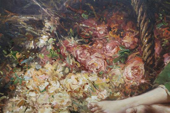 Shelton (20th century), oil on board, study of a young girl, seated with flowers, signed 62 x 91cm